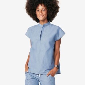 Figs Women’s Mandarin Collar Scrub Top in color Heather Indigo